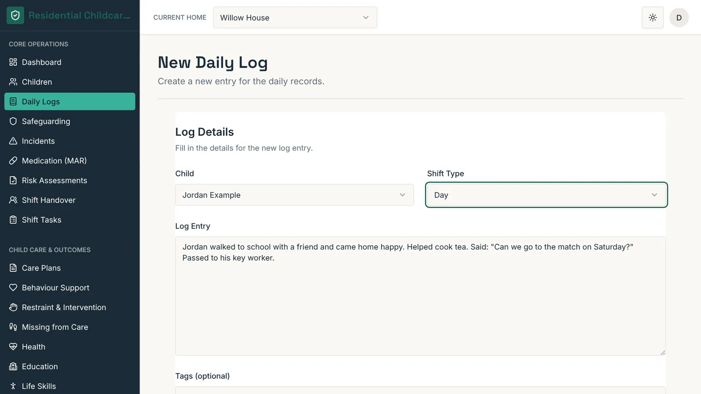 Writing a daily log for a child in the Residential Childcare App