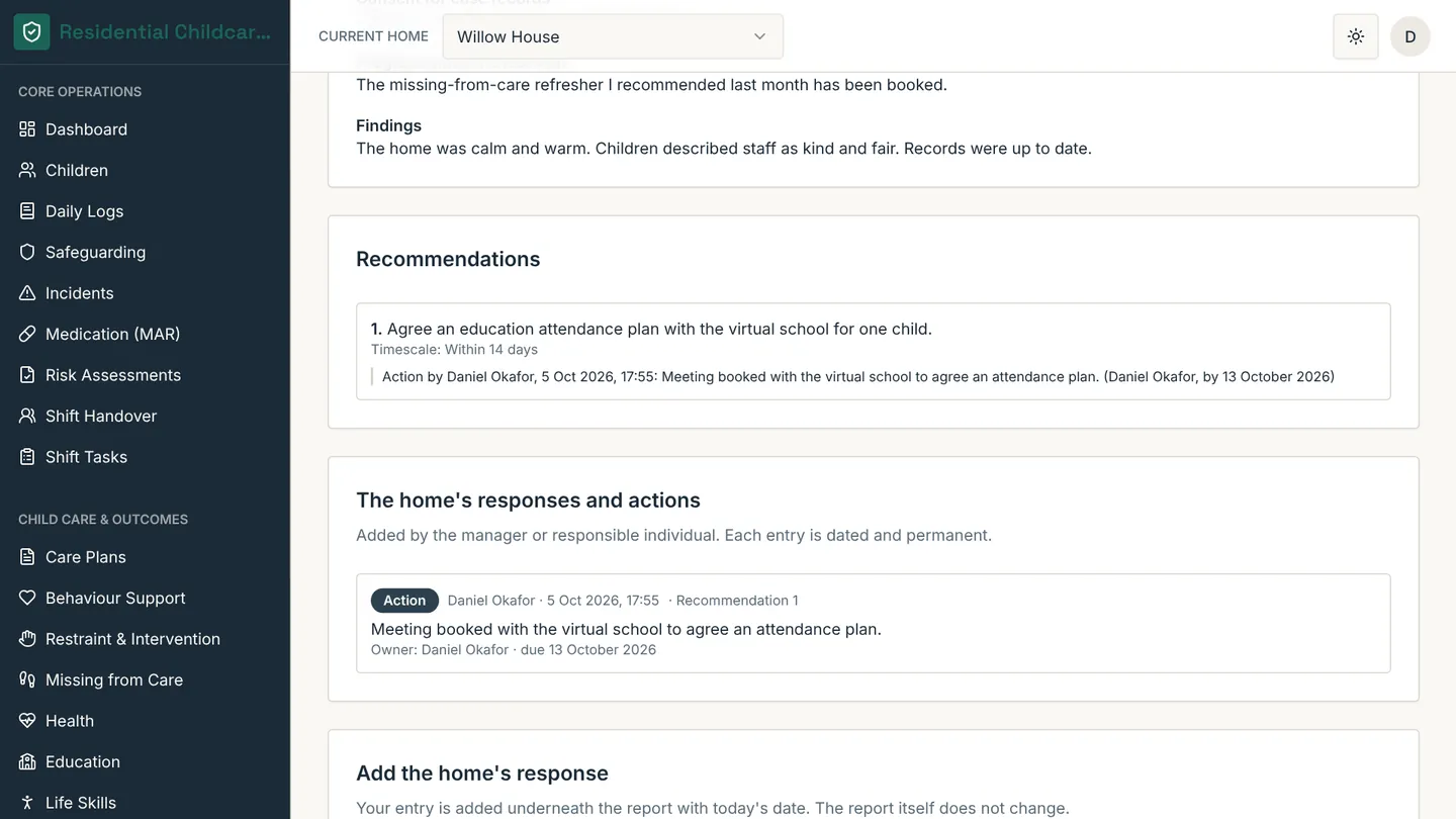 The home's dated responses and actions under a sealed Regulation 44 report